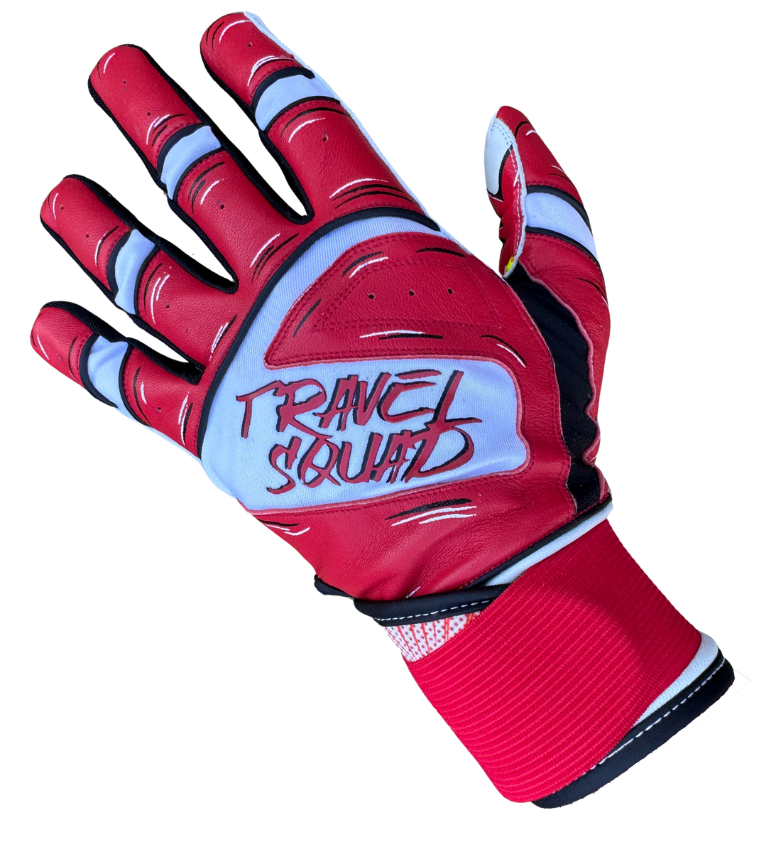 Close-up of TRVL SQUAD Origins batting gloves showing cabretta leather palm and grip texture