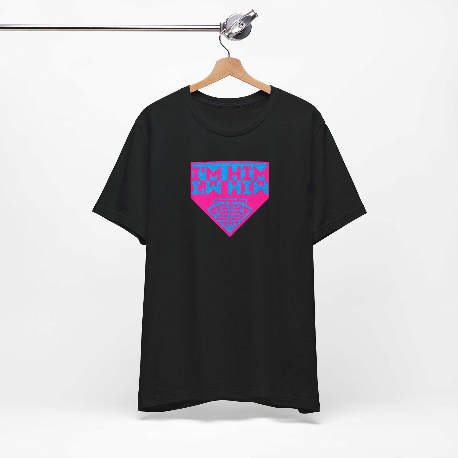 Black t-shirt with pink and blue logo on a hanger against a white background