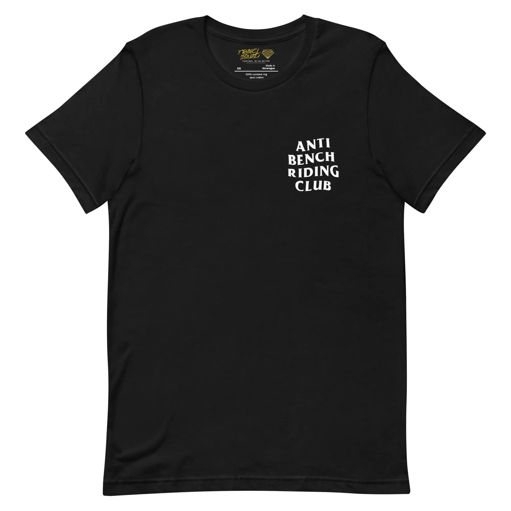 A black crew neck t-shirt with the text 'ANTI BENCH RIDING CLUB' printed on the front.