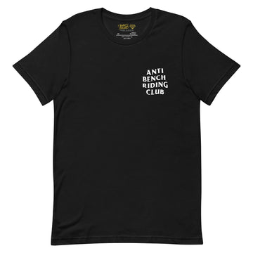 A black crew neck t-shirt with the text 'ANTI BENCH RIDING CLUB' printed on the front.