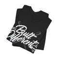 Black t-shirt with 'Built Different' text on a white background