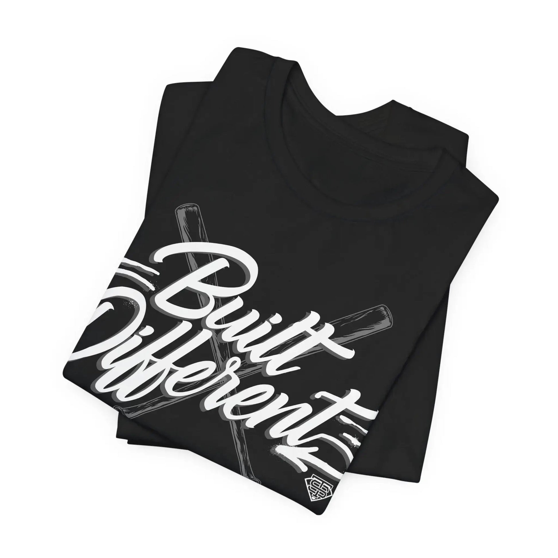 Black t-shirt with 'Built Different' text on a white background