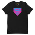 A black crew neck t-shirt with a vibrant design featuring text and a graphic on the front.