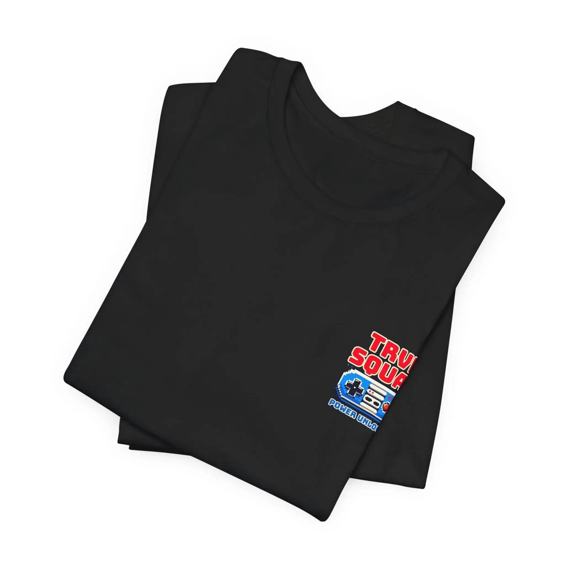 Black t-shirt with a colorful logo on a white background