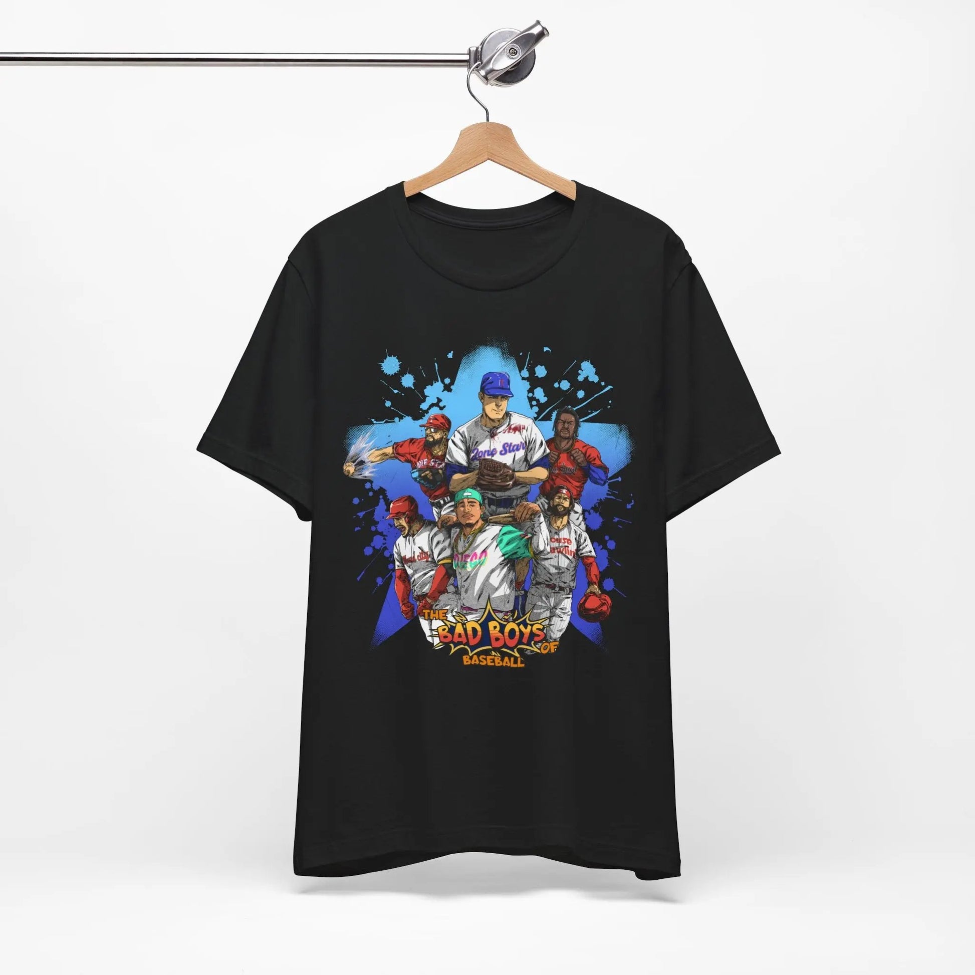 Black t-shirt with colorful graphic design of baseball players on a hanger against a white background