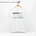 White t-shirt with black text and graphics on a hanger against a white background