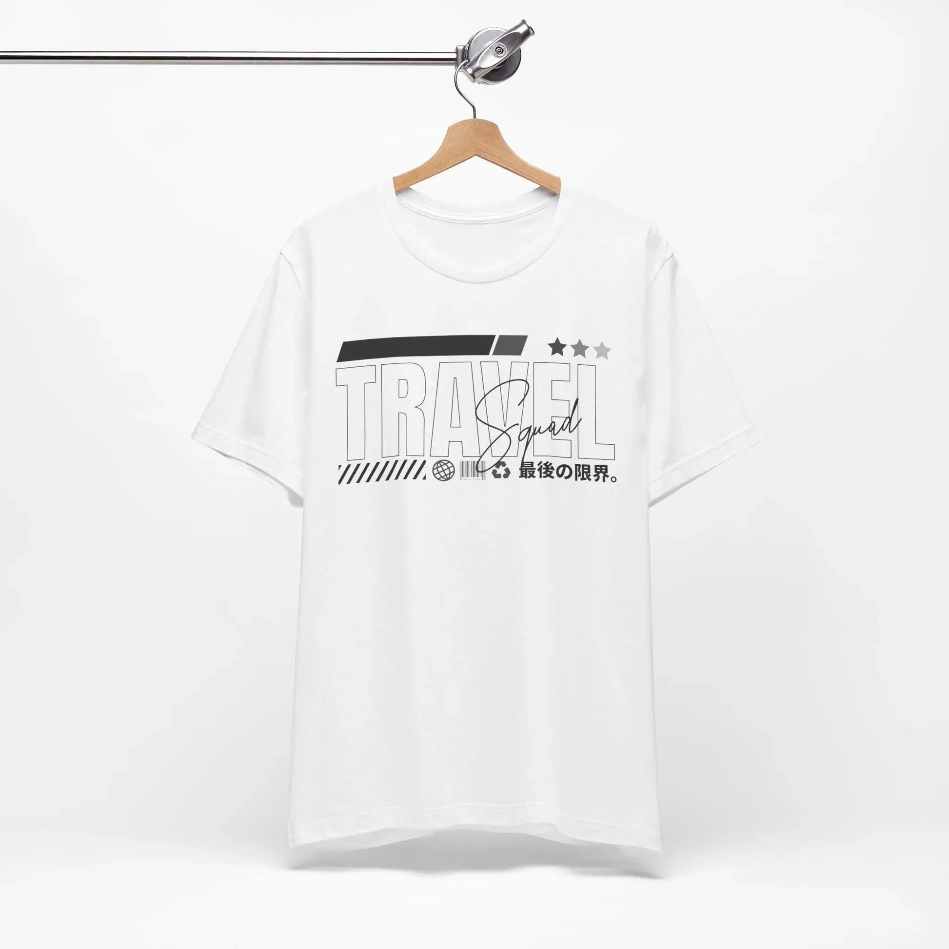 White t-shirt with black text and graphics on a hanger against a white background