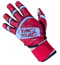Close-up of TRVL SQUAD Origins batting gloves showing cabretta leather palm and grip texture