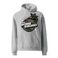 A gray oversized hoodie with a camouflage pattern on the front and 'BOMB SQUAD' text along with a graphic logo on the right chest area.