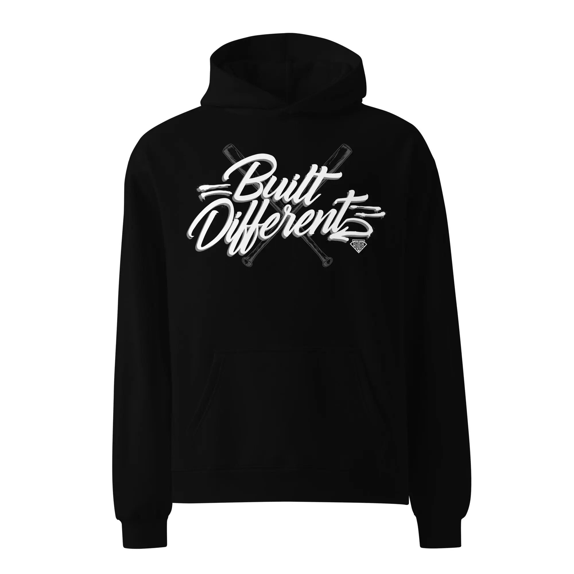 Black oversized hoodie with 'BUILT DIFFERENT' text and baseball graphics on the front.
