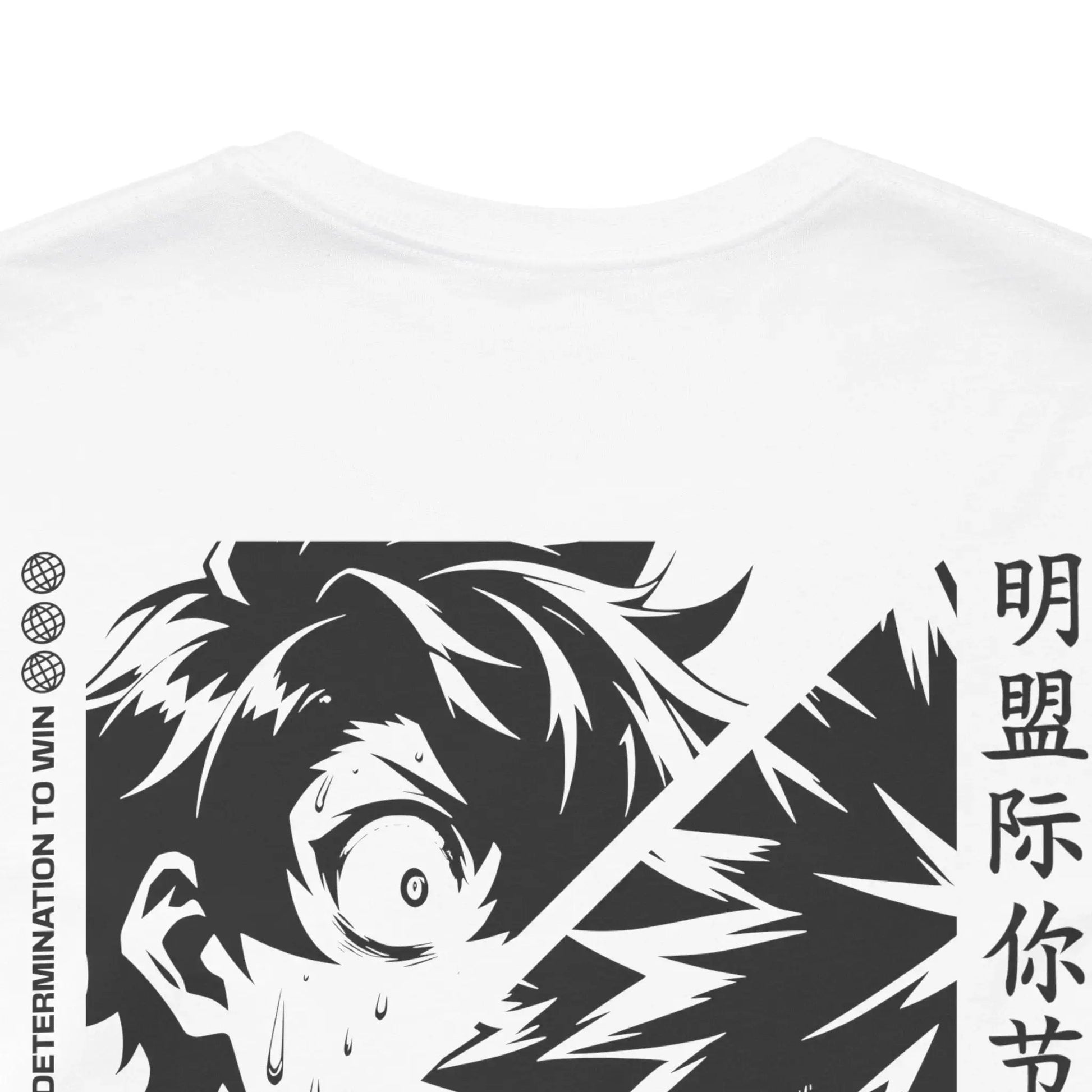 White t-shirt with black graphic design of a character's face and text on a white background