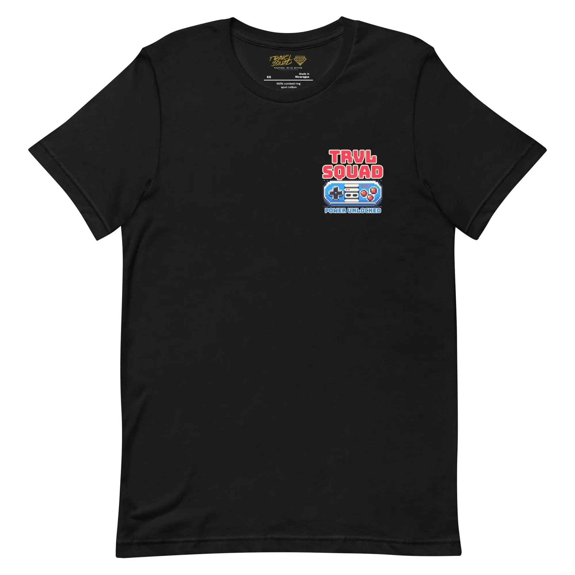A black crew neck t-shirt with a vibrant design featuring text and a logo related to baseball on the front.