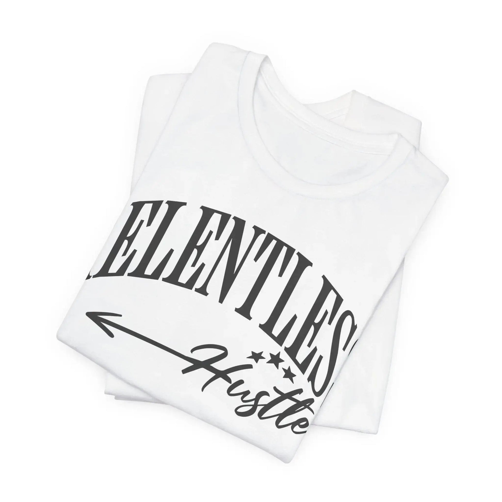 White t-shirt with 'RELENTLESS Hustle' text on a white background