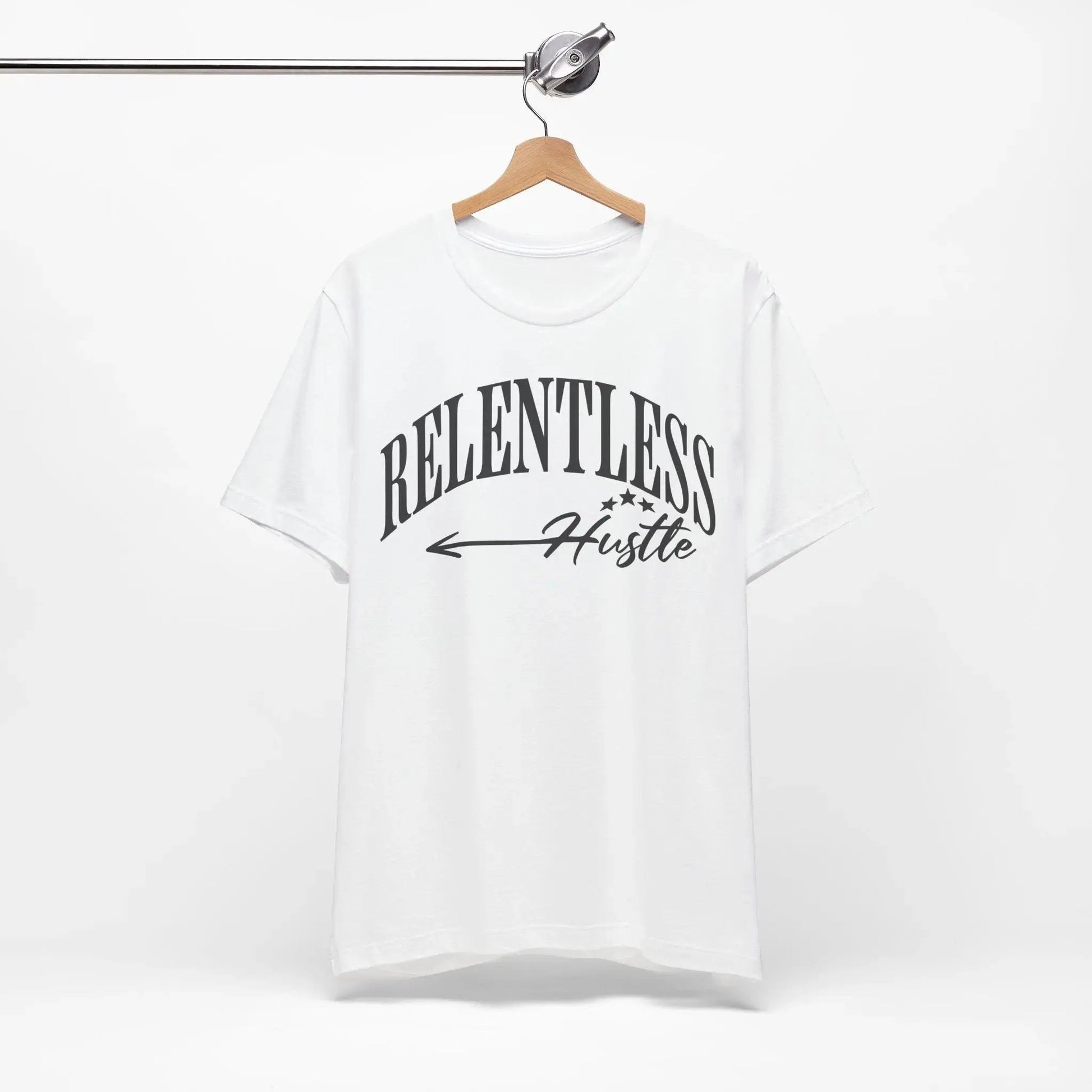 White t-shirt with 'Relentless Hustle' text on a hanger against a white background