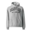 A gray hoodie with the text 'RELENTLESS HUSTLE' and a graphic arrow on the front.