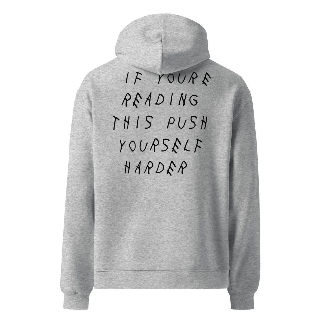 A gray hoodie with the text 'RELENTLESS HUSTLE' and a graphic arrow on the front.