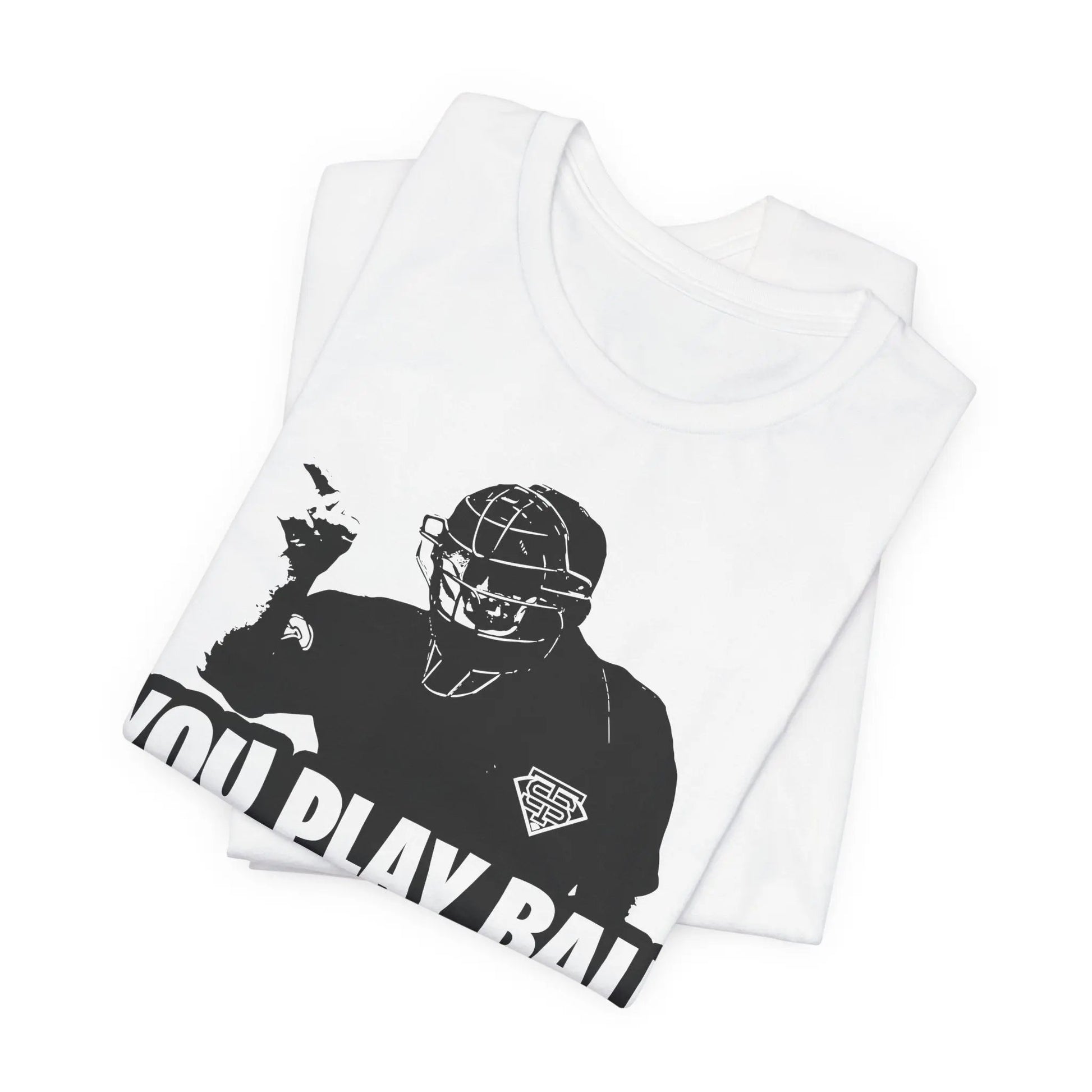 White t shirt with black graphic and text on a white background