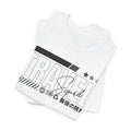 White t-shirt with black and gray text and graphics on a white background