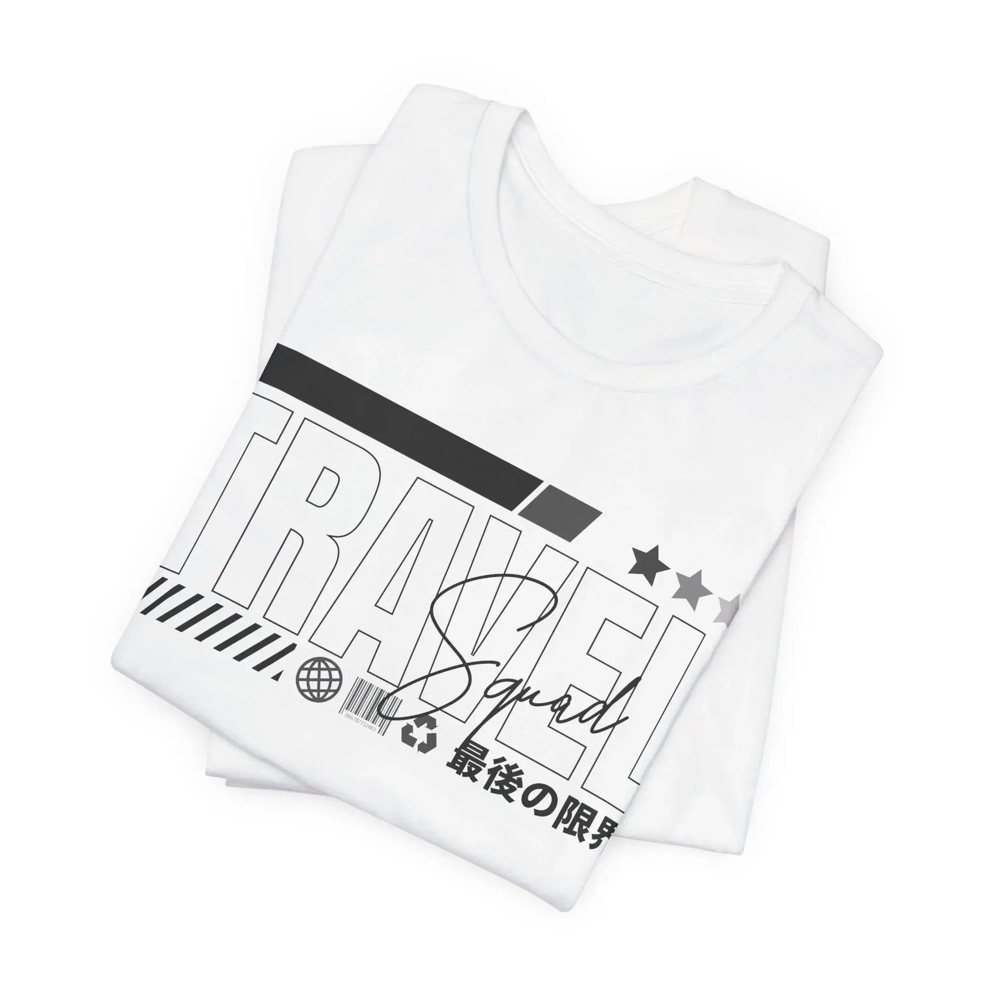White t-shirt with black and gray text and graphics on a white background