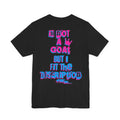 Black t-shirt with colorful text on the back against a white background