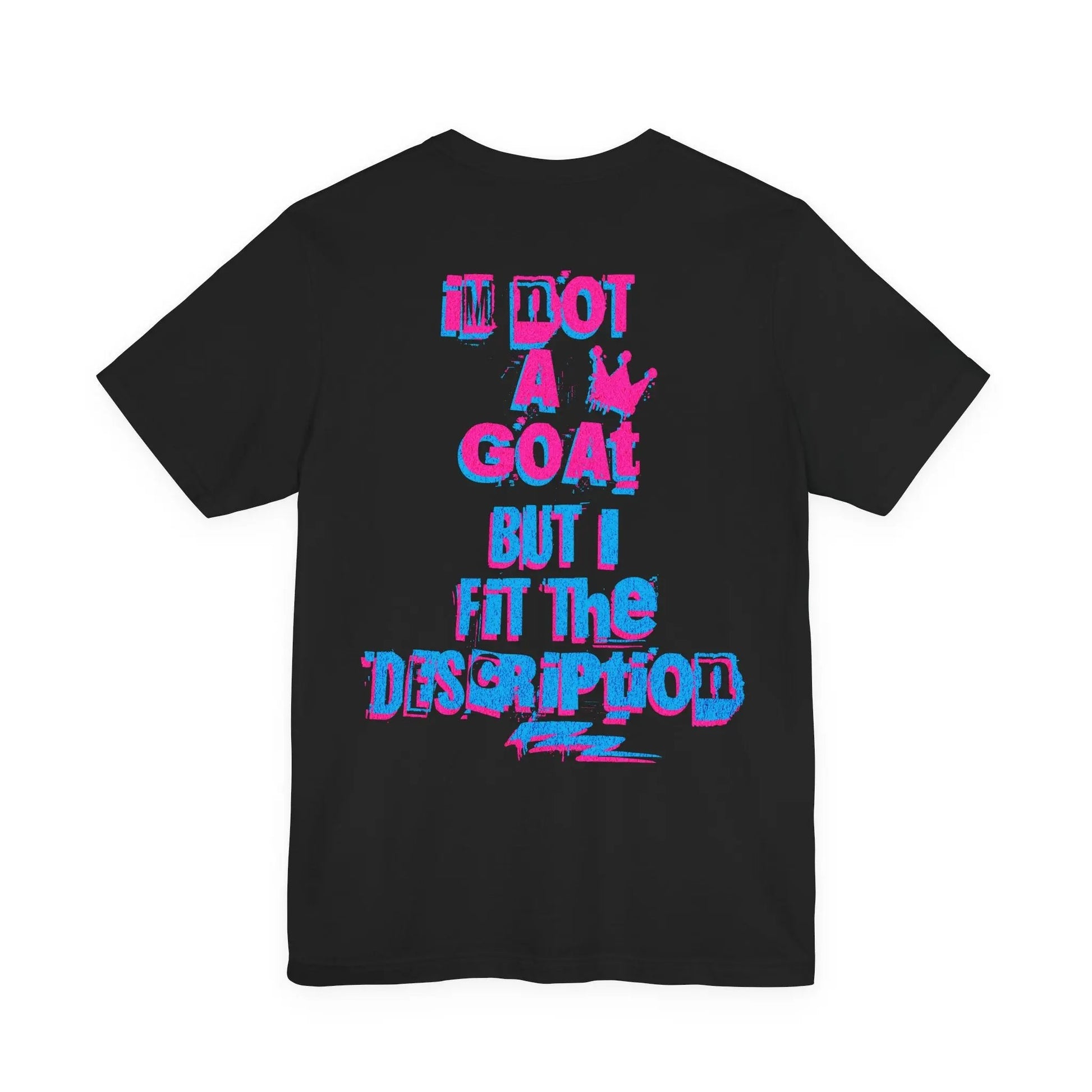Black t-shirt with colorful text on the back against a white background