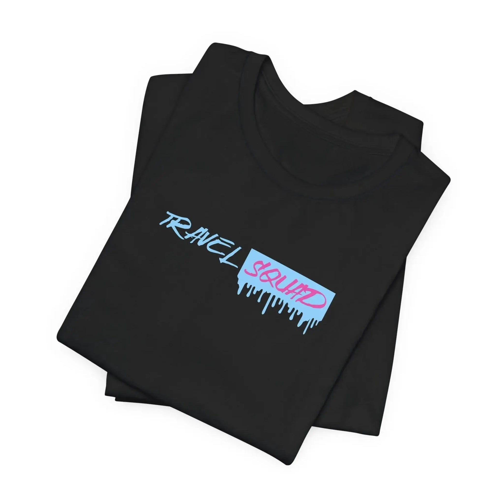 Black t-shirt with 'Travel Squad' logo on a white background