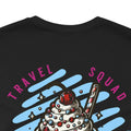 Black t-shirt with 'Travel Squad' graphic design featuring a cake and travel-themed elements.