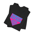 Black t-shirt with pink and blue graphic design on a white background