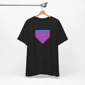 Black t-shirt with pink and blue logo on a hanger against a white background