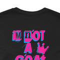 Black t-shirt with pink and blue text and crown graphic on a white background