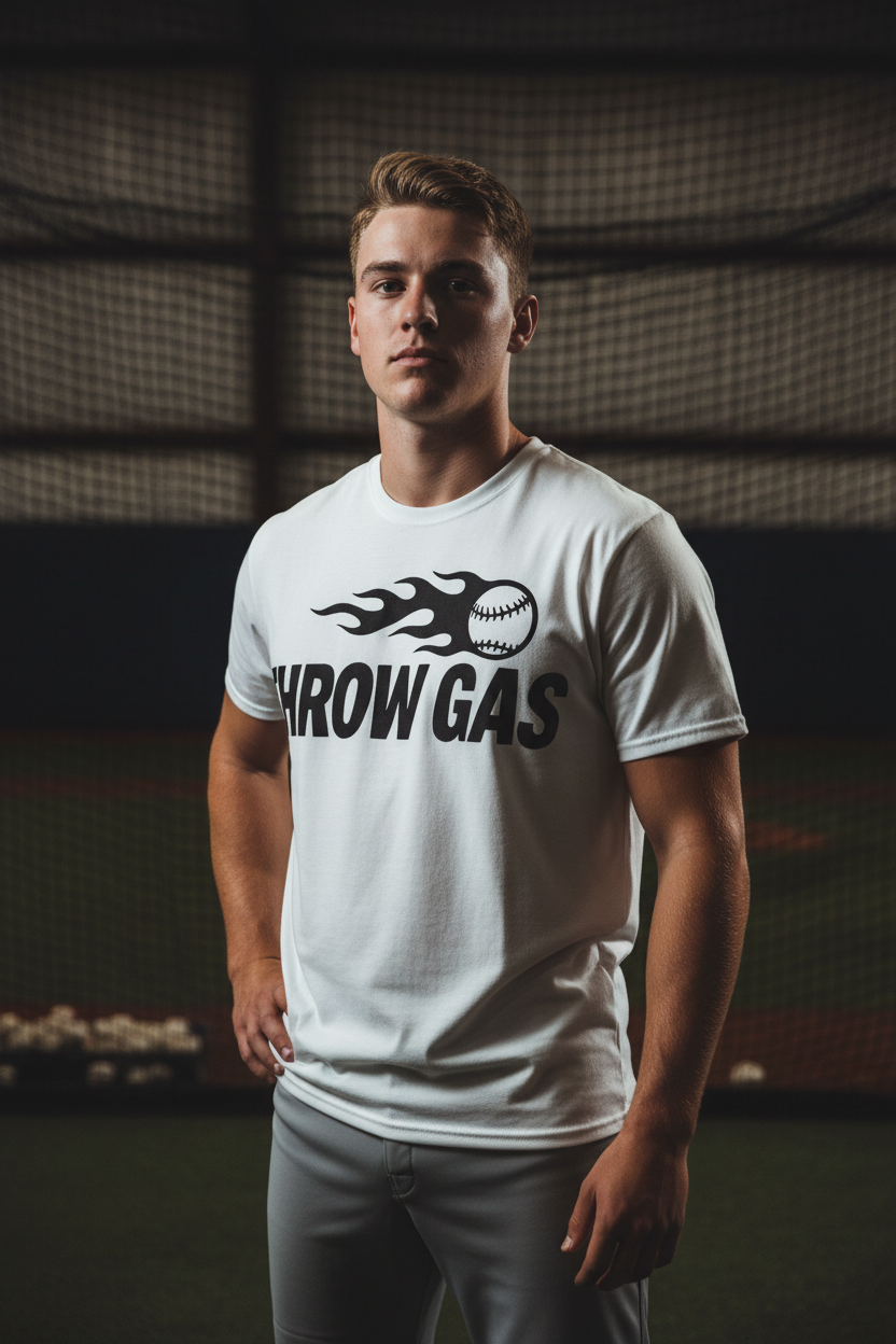 18-year-old baseball player wearing Throw Gas tee with arms uncrossed in indoor batting cage