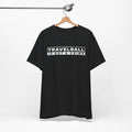 Black t-shirt with 'TRAVELBALL IS NOT A CRIME' text on a hanger against a white background