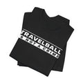 Black t-shirt with 'Travelball is not a crime' text on a white background