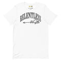 A white crew neck t-shirt with the word 'RELENTLESS' and a small 'H' symbol in black text, indicating the brand TRVL SQUAD.