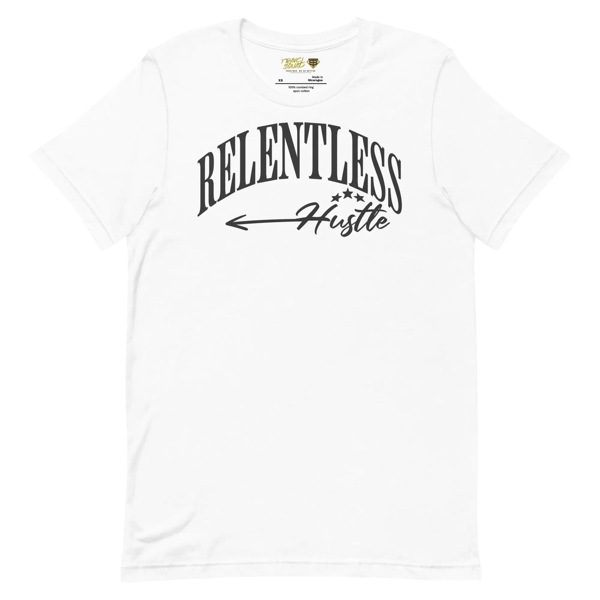 A white crew neck t-shirt with the word 'RELENTLESS' and a small 'H' symbol in black text, indicating the brand TRVL SQUAD.