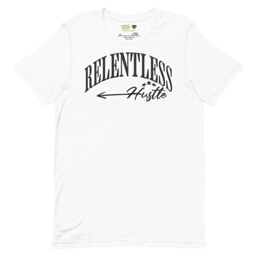 A white crew neck t-shirt with the word 'RELENTLESS' and a small 'H' symbol in black text, indicating the brand TRVL SQUAD.