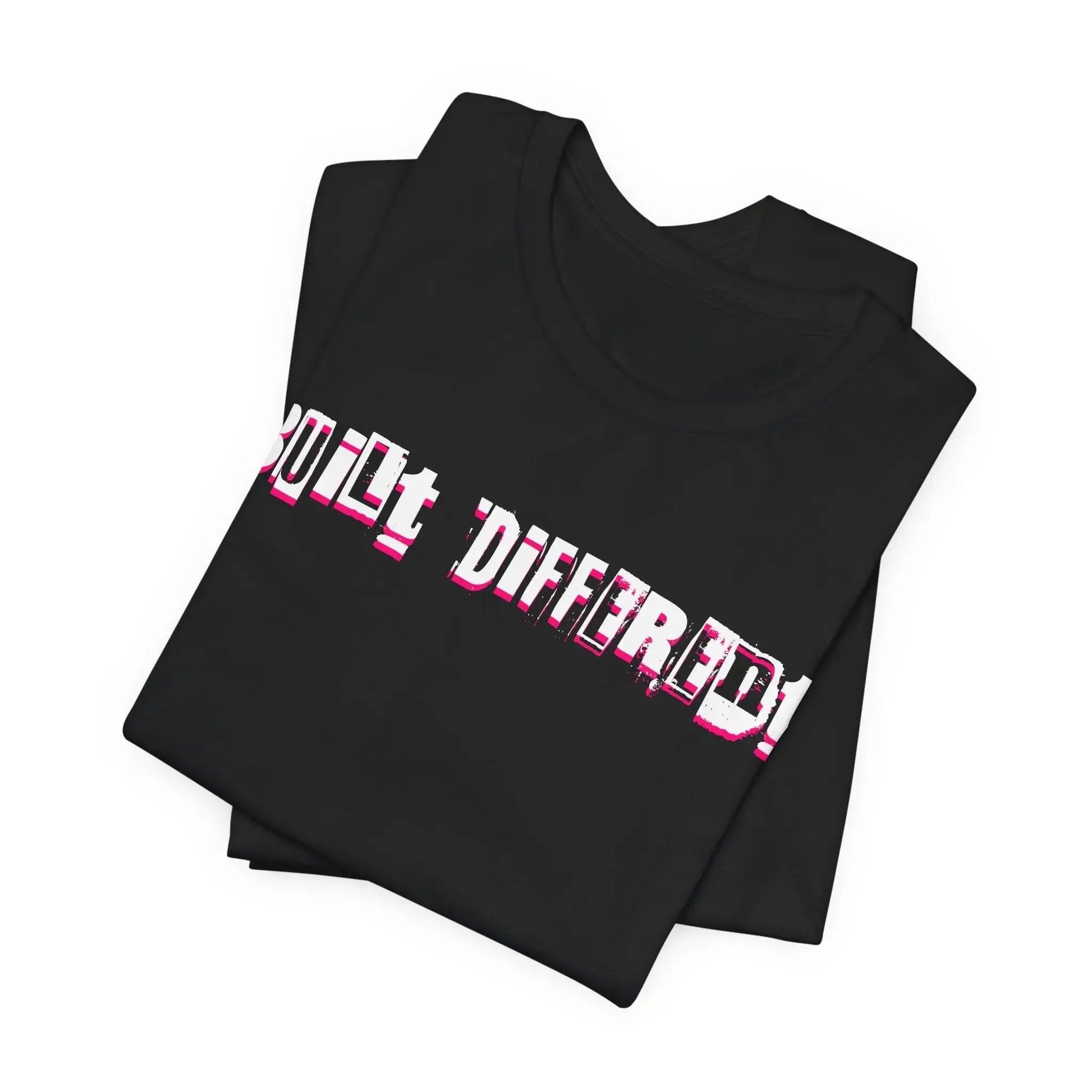 Black t-shirt with 'BUILT DIFFERENT' text in pink and white on a white background