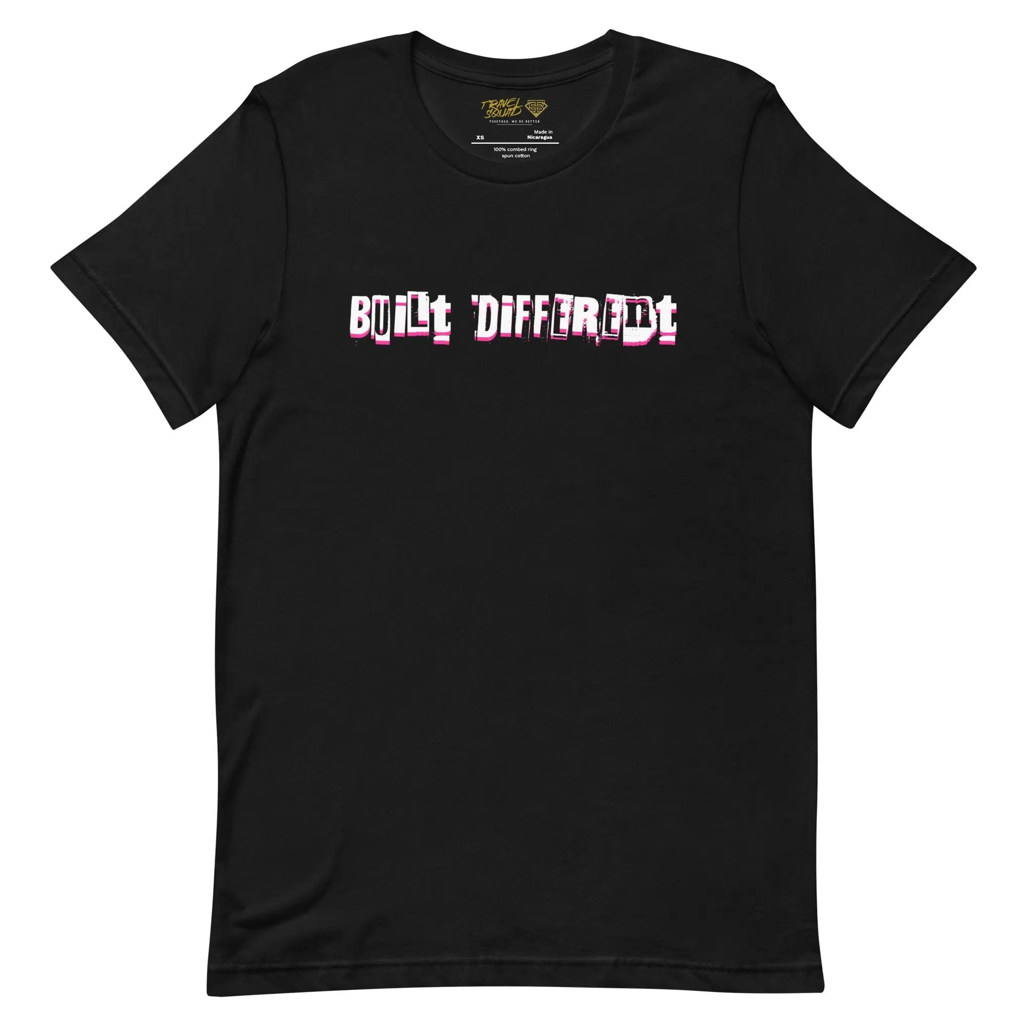 A black crew neck t-shirt with the text 'BUILD THE DIFFERENCE' printed in pink on the front.