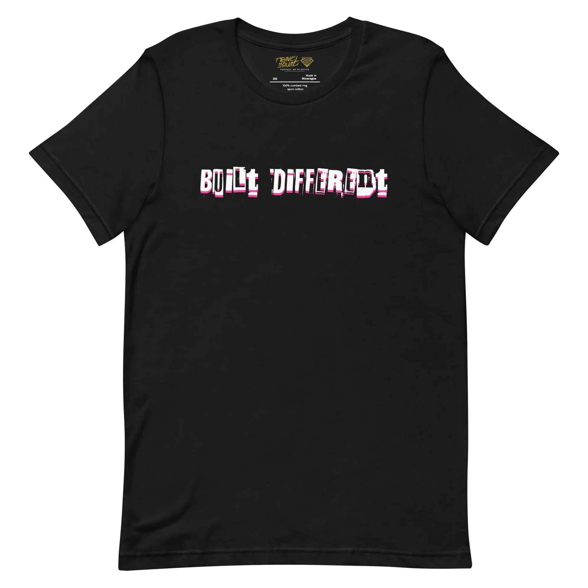 A black crew neck t-shirt with the text 'BUILD THE DIFFERENCE' printed in pink on the front.