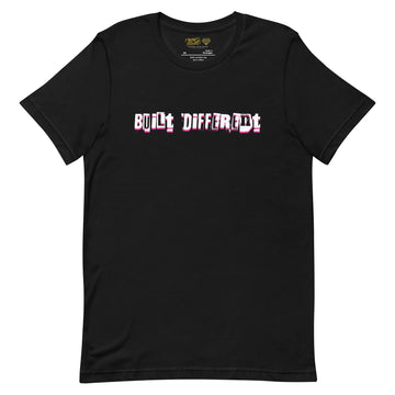 A black crew neck t-shirt with the text 'BUILD THE DIFFERENCE' printed in pink on the front.