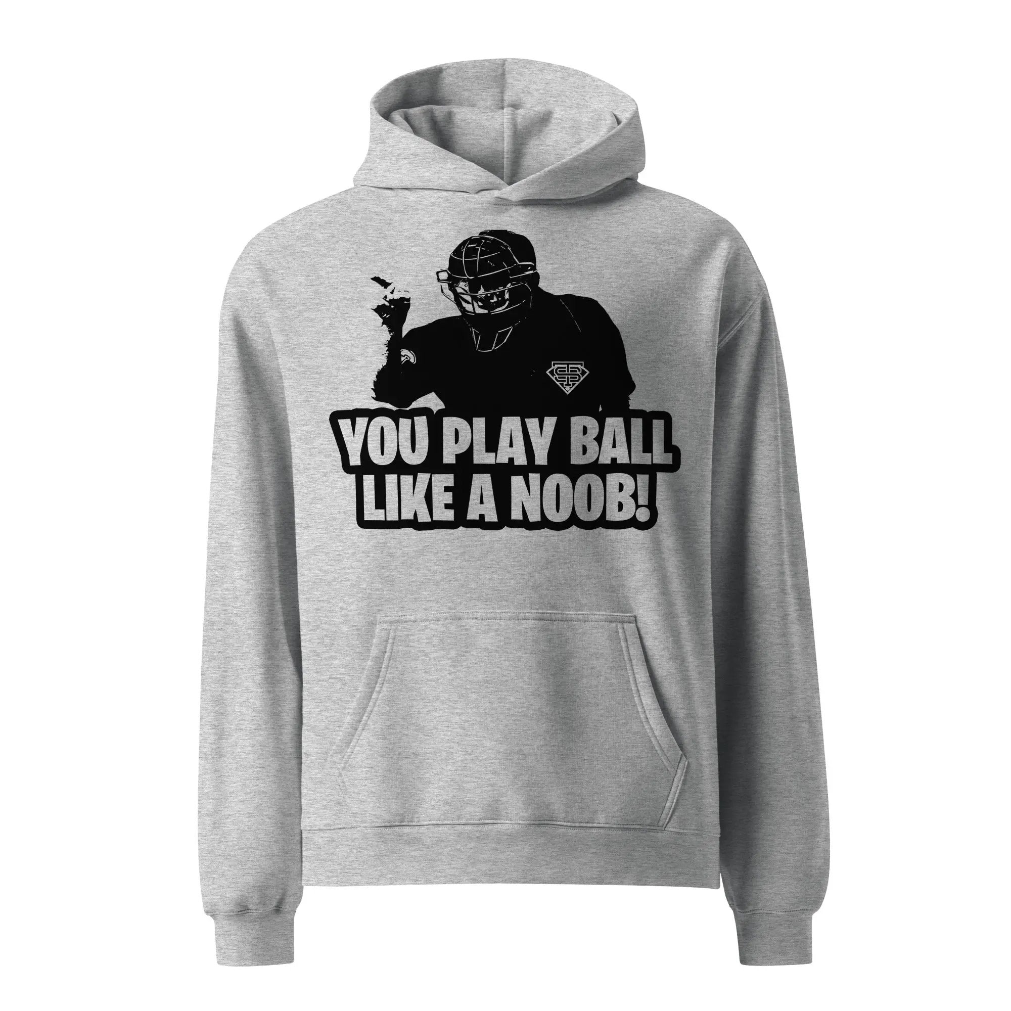 A gray oversized hoodie with a graphic print of a baseball player and the text 'YOU PLAY BALL LIKE A NOOB!' on the front.
