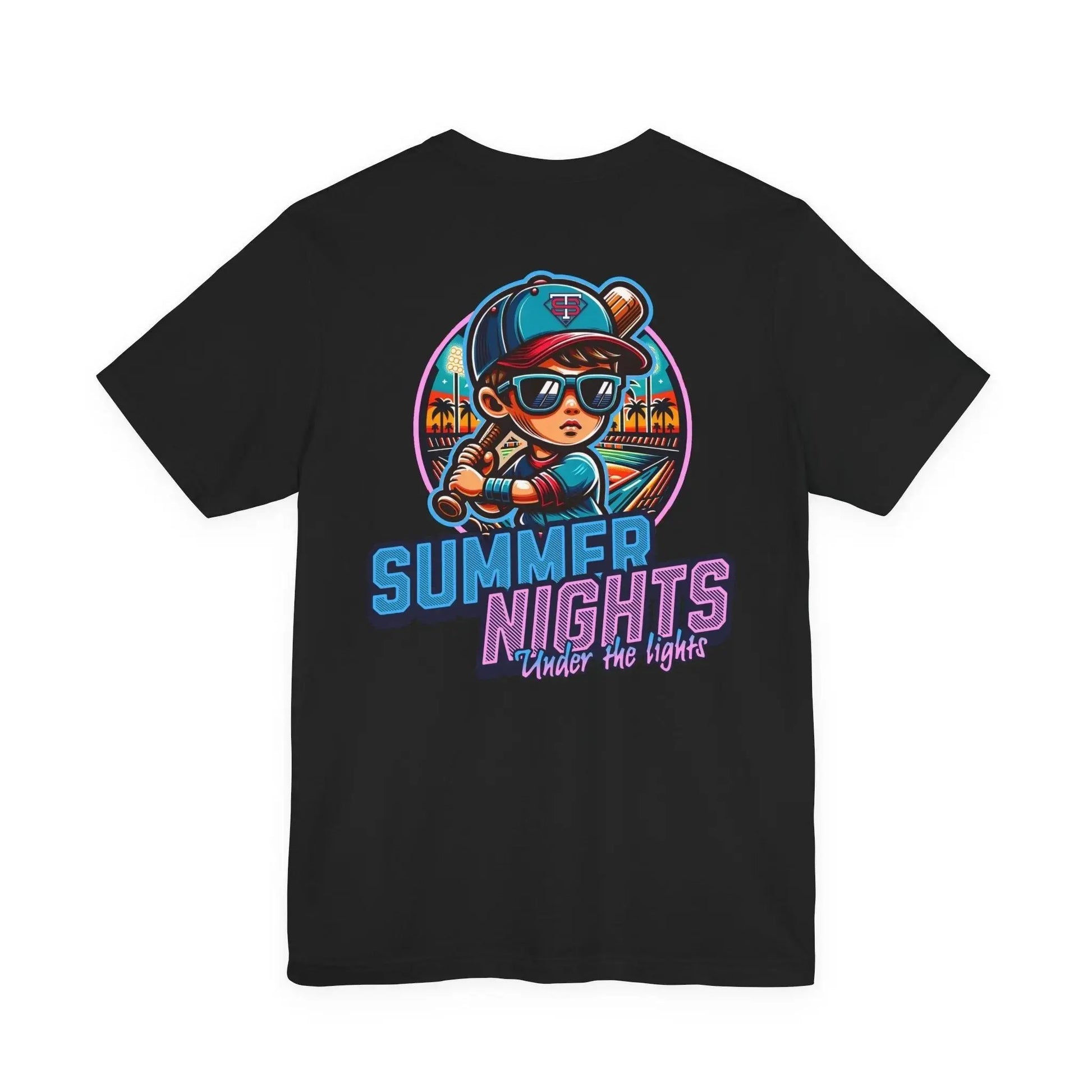 Black t-shirt with colorful graphic and 'Summer Nights Under the Lights' text on a white background