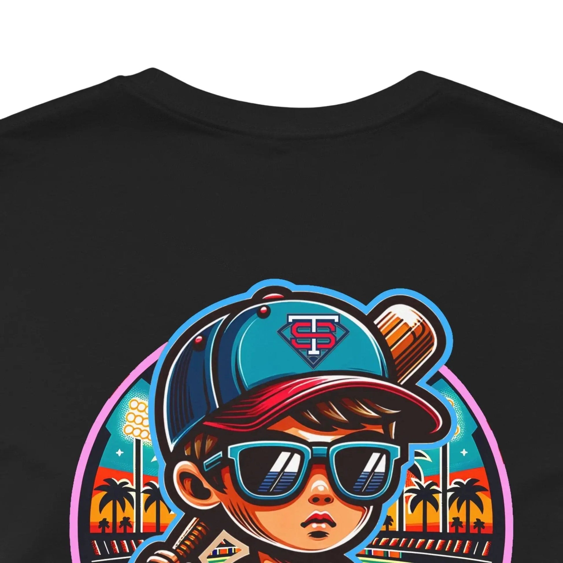 Black t-shirt with colorful graphic of a boy wearing a cap and sunglasses on a white background