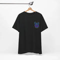 Black t-shirt with a colorful logo on a hanger against a white background