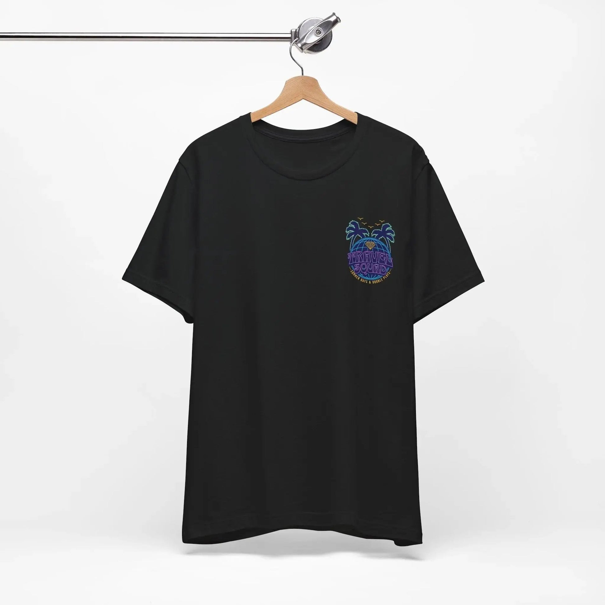 Black t-shirt with a colorful logo on a hanger against a white background