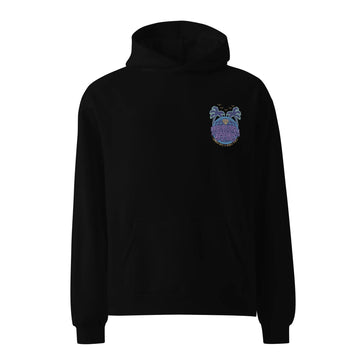 A black oversized hoodie with a colorful graphic on the front showing a frog holding a baseball.
