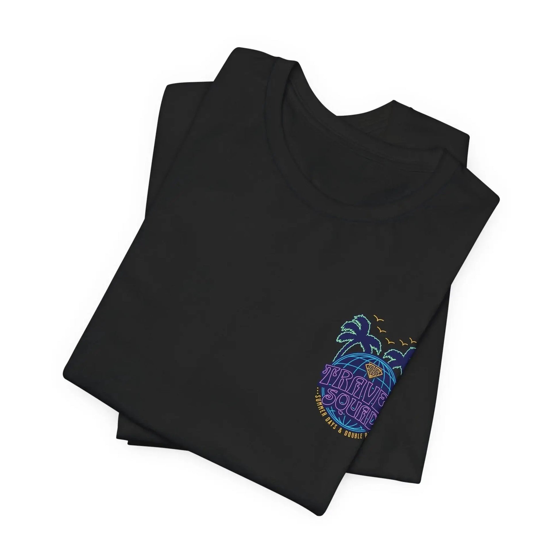 Black t-shirt with a colorful graphic design on a white background
