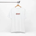 White t-shirt with a red and black logo on a hanger against a white background