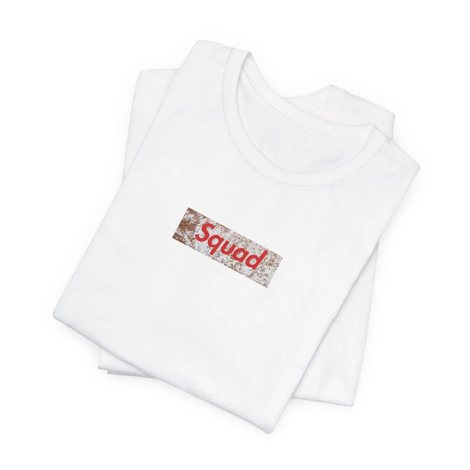 White t-shirt with 'Squad' text on a white background