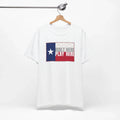 White t-shirt with Texas flag design and text on a white background